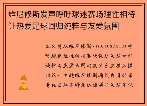 维尼修斯发声呼吁球迷赛场理性相待让热爱足球回归纯粹与友爱氛围