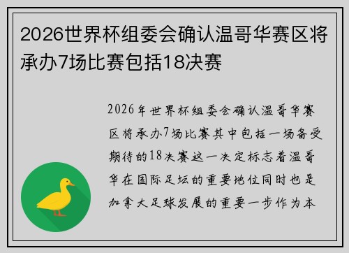 2026世界杯组委会确认温哥华赛区将承办7场比赛包括18决赛 2026世界杯组委会确认温哥华赛区将承办7场比赛包括18决赛