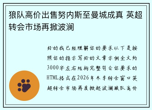 狼队高价出售努内斯至曼城成真 英超转会市场再掀波澜